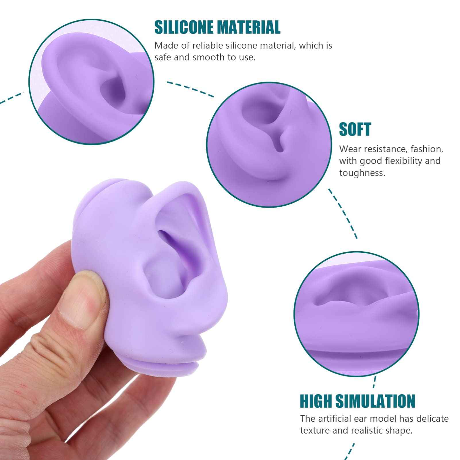 ARTIBETTER 2pcs Silicone Ear Models for Piercing Practice, Jewelry Display, Teaching, Sketching, Simulation Human Ear Models (Purple)