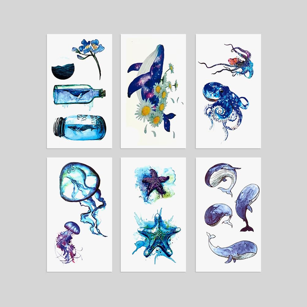 Oottati 6 Sheets Watercolor Ocean Temporary Tattoos for Women, Octopus Jellyfish Starfish Whale Daisy Flower Bottle Fake Tattoo Stickers, Waterproof Long Lasting Body Art for Arm Back