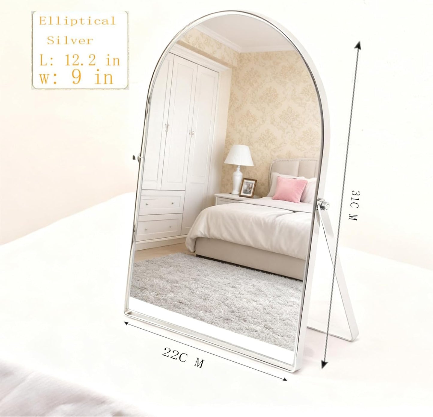 Adjustable Silver Metal Mirror - Vanity Table Desk Arch Makeup Mirror | 90° Rotatable Framed Design for Living Room, Bedroom, Bathroom