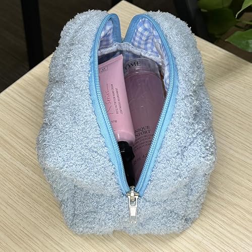 Checkered Makeup Bag, Blue Plush, Fluffy, Zippered, Portable Skincare Storage Bag, Fashionable Cosmetic Bag