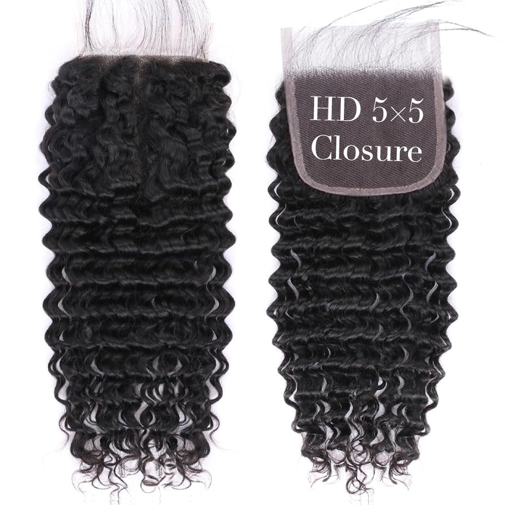 5x5 Closure Deep Wave Transparent HD Lace Closure Brazilian Virgin Human Hair Closure Curly Lace Frontal Pre Plucked with Baby Hair Natural Color 16 Inch