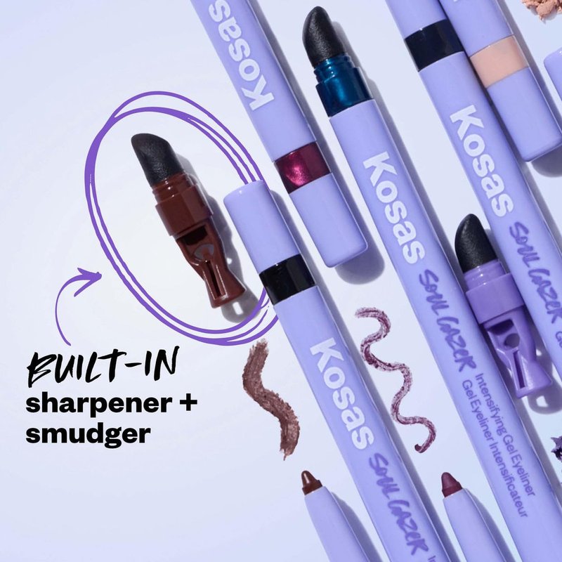 Kosas Soulgazer Gel Eyeliner (Enigma) - Waterproof, Smudge-Proof Pen with Hyaluronic Acid - Retractable Eyeliner Pencil with Sharpener & Smudger, Long-Lasting - Blackened Blue Satin
