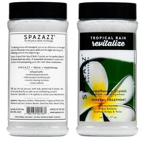 Spazazz Hot Tub Aromatherapy Bath Salt Crystals 3-Pack Bundle - Eucalyptus Mint Stimulate - Tropical Rain Revitalize - Honey Mango Arouse - Botanicals Collection Scents for Relaxing in Spas (17 oz)
