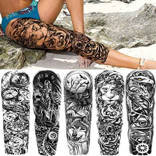 FANRUI 24 Sheets Cool Super Large Full Arm Temporary Tattoo Sleeve For Men with 8 Sheets For Women Thigh, 16 Sheets Flower Eagle Compass Adults Tribal Tiger Tatoo
