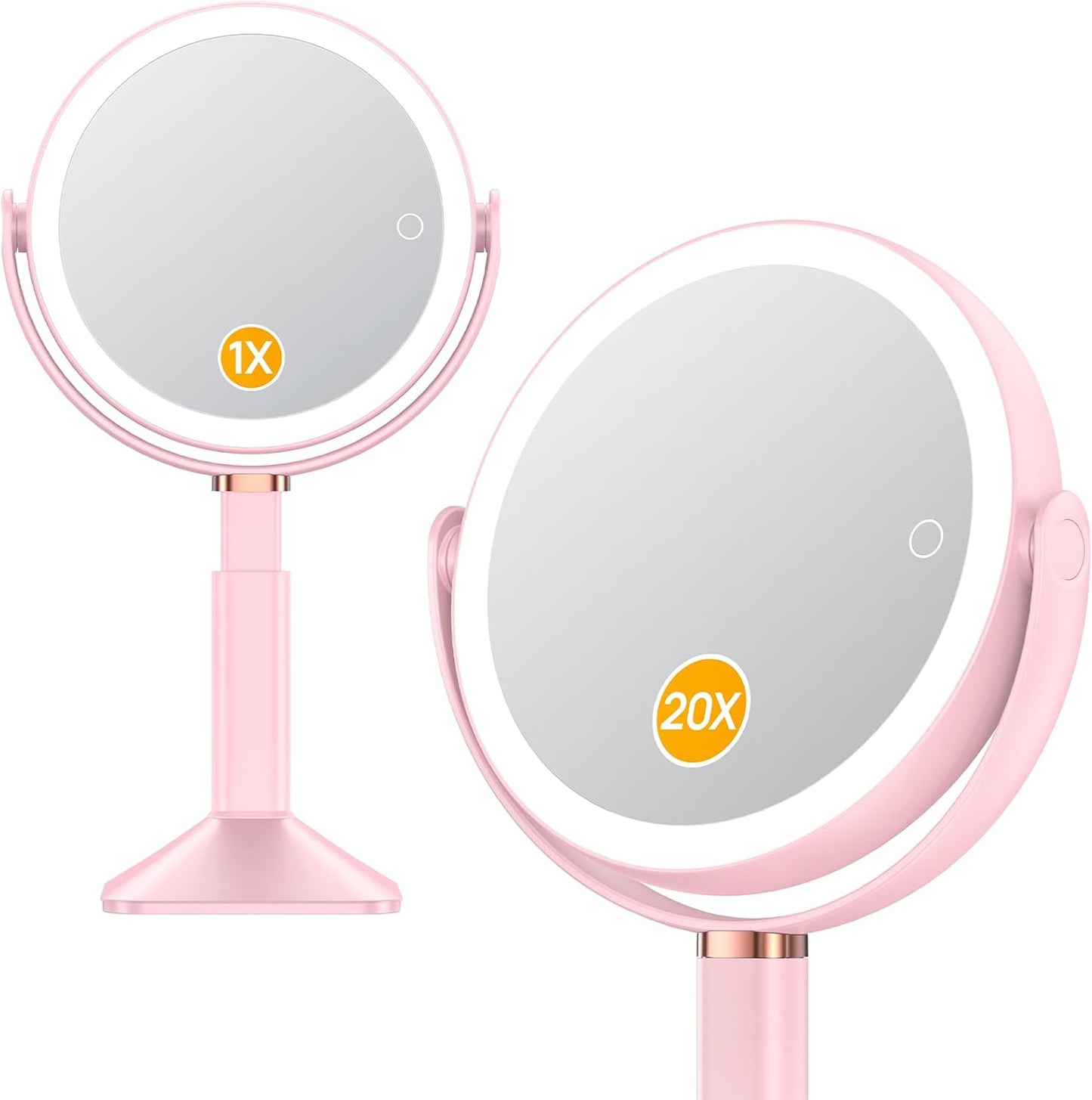 Gospire 20X Magnifying Makeup Mirror with Lights - Adjustable Height, 4000mAh Rechargeable Battery, 3 Dimmable Colors | Pink