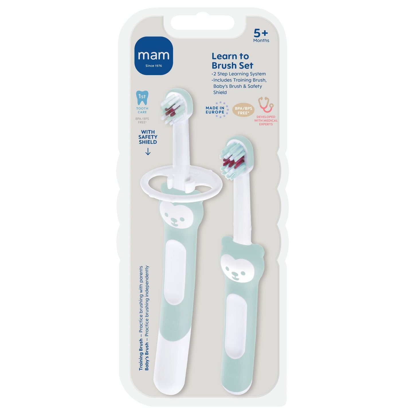 MAM Baby Toothbrush Training Brush 5+ Months – Extra Soft Infant Toothbrush with Safety Shield, Small Rounded Head for First Teeth & Gums, Indicator Bristles, Non Slip Handle, BPA Free (2 Pack)