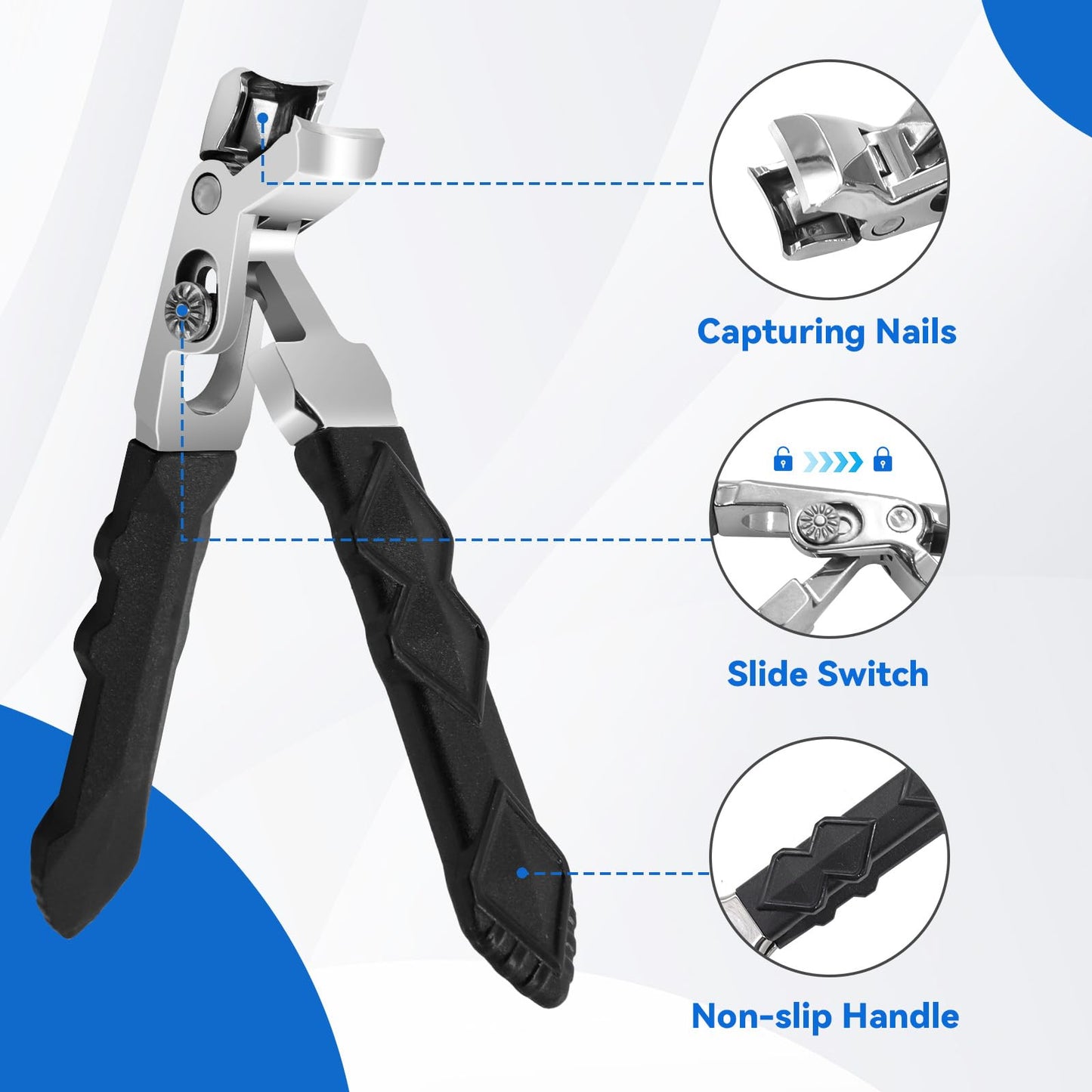 4 pcs Black Long Handle Non-Slip Toenail Clippers for Seniors Thick Toenails,0.5 in Opening, Heavy Duty Large Ergonomic Unique Professional Angled Head Curve Sharp Toe Finger Nail Clipper