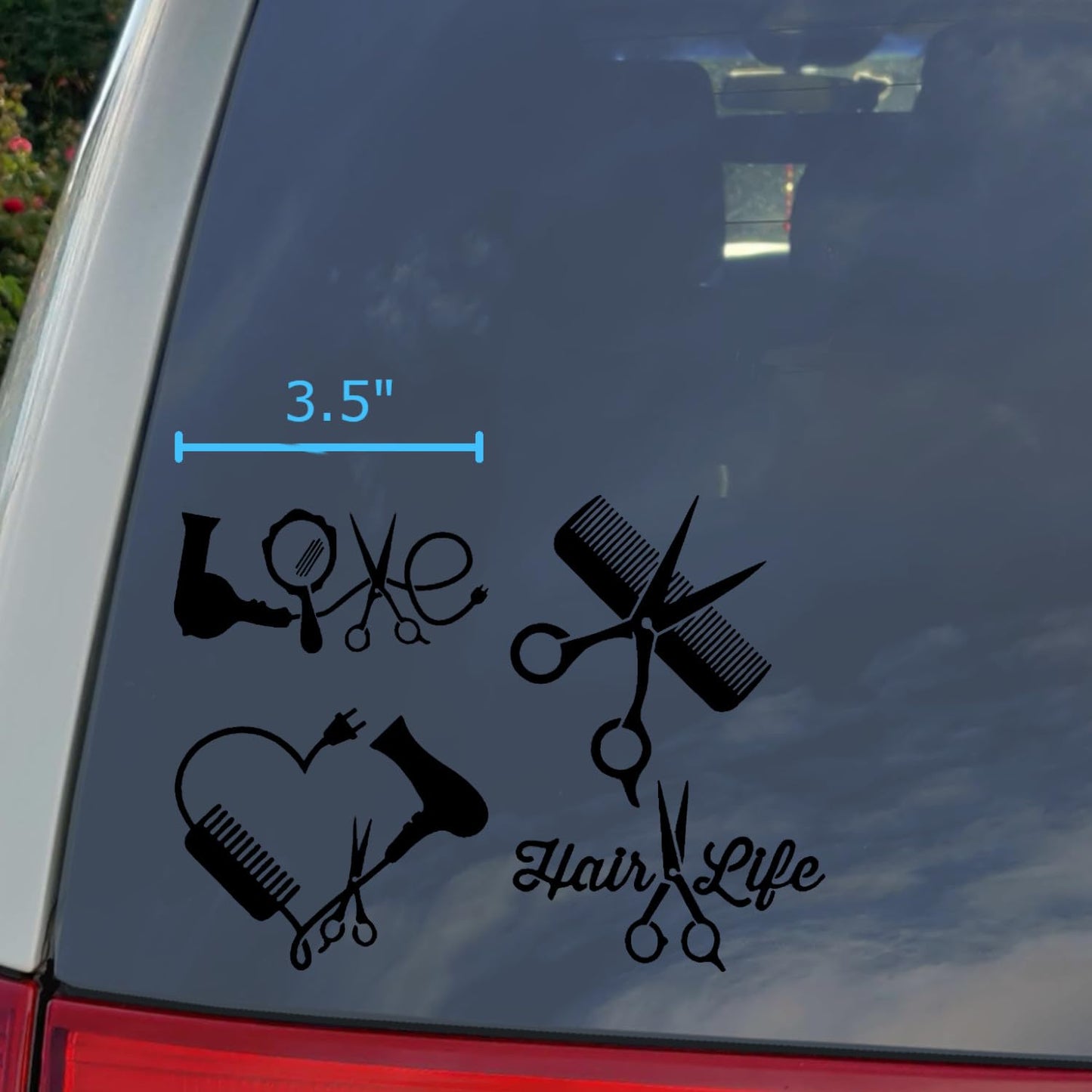 Hair Stylist Decal 4 Pack: Love, Heart, Comb and Scissors, Hair Life (Hairstylist Black, Small ~3.5")