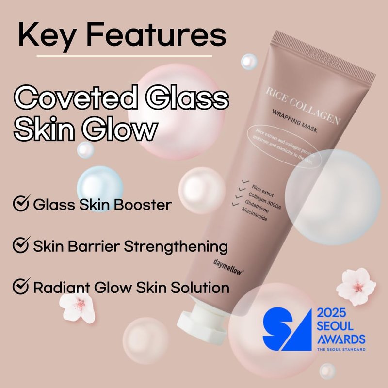 daymellow Rice Collagen Wrapping Mask 2.36 fl. oz / 70ml – Korean Peel-Off Facial Mask with Hydrolyzed Collagen, Hydrating & Firming, Overnight Gentle Pore Tightening for Glowing Glass Skin