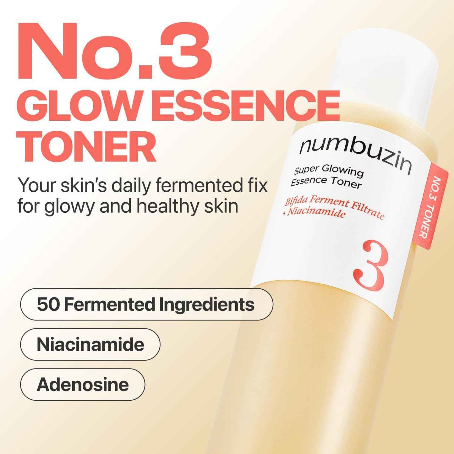 numbuzin No.3 Toner | Super Glowing Essence Toner | Skin Radiance, Pore Tightening, Skin Texture, Hydration | Fermented Ingredients, Niacinamide, Galactomyces | 6.76 fl. oz.