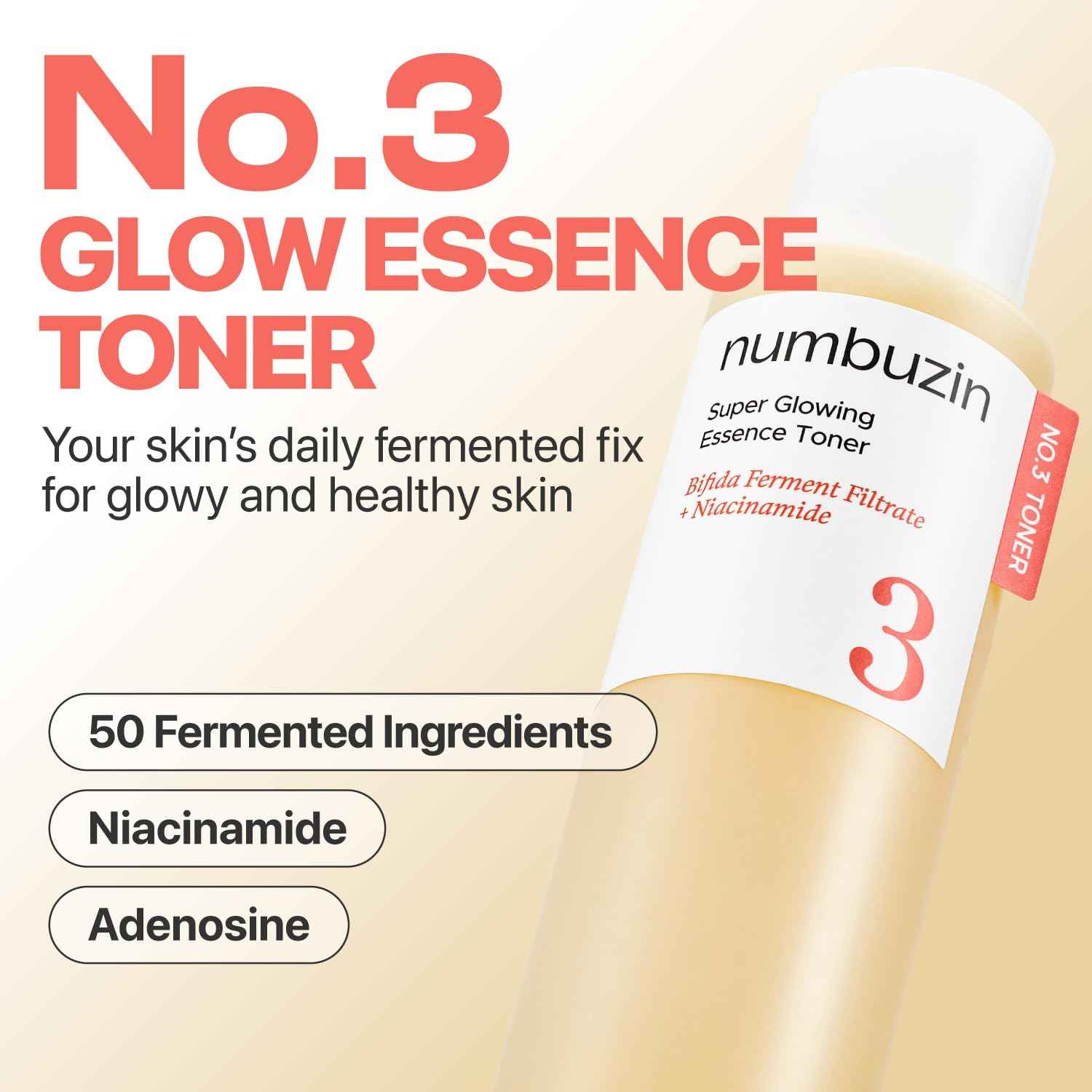 numbuzin No.3 Toner | Super Glowing Essence Toner | Skin Radiance, Pore Tightening, Skin Texture, Hydration | Fermented Ingredients, Niacinamide, Galactomyces | 6.76 fl. oz.