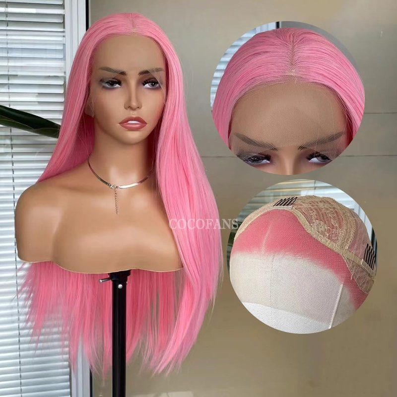 Pink Lace Front Wig for Women - Long Silky Straight Synthetic Hair | Glueless Natural Hairline, Heat Resistant