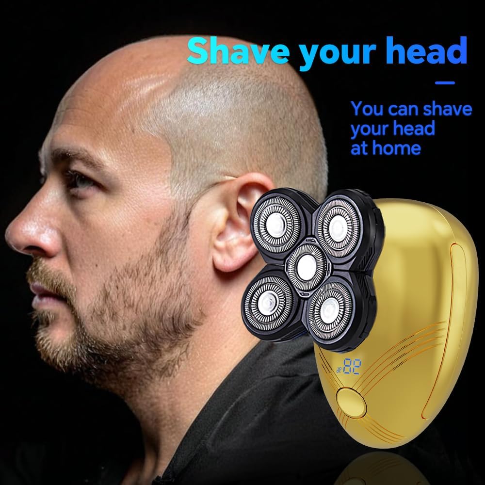5-in-1 Electric Cordless Razor for Men | Bald Head Shaver Grooming Kit with Nose Trimmer & LED Display - Gold