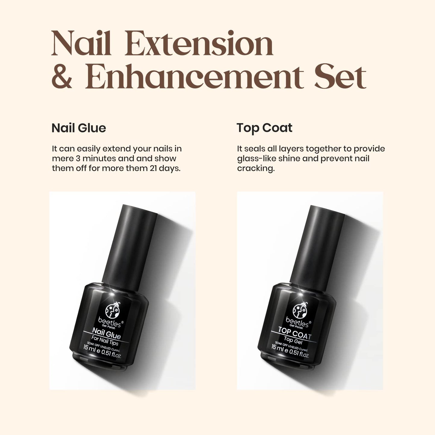 Beetles Gel Nail Kit Easy Nail Extension Set 2 In 1 Nail Glue Gel Base Coat with Pre Shaped Short Oval Almond Soft Gel Nail Tips and Led Nail Lamp Acrylic Nail Clipper Gelly Nail Tips for Diy Manicure