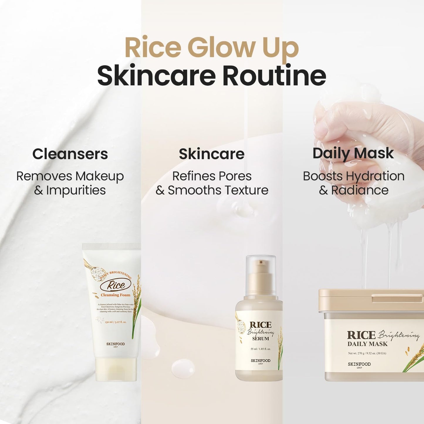 SKINFOOD Rice Daily Cleansing Foam 150ml - Delicate, Fine, and Smooth Brightening Cleansing with Fermented White Rice Ingredients - Firming Bubble Facial Foam Cleanser - For Men and Women (5.07 fl. oz.)