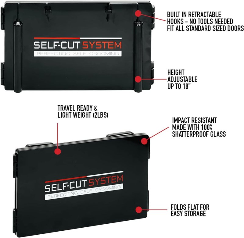 Self-Cut System 3-Way Mirror - Portable Trifold Hair Cutting Mirror | Impact-Resistant Glass, Fits Standard Door, 10.8” L x 1.3” W, Black