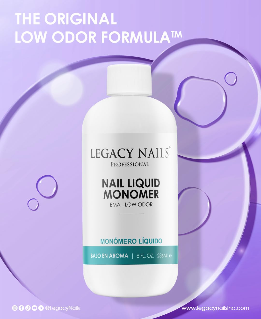 LEGACY NAILS Professional NAIL LIQUID MONOMER - MMA-Free, Acetone-Free, Low Odor Formula, Compatible with All Acrylic, Perfect for Nail Extensions, Sculpting & Overlays - 236ml / 8 FL.oz.