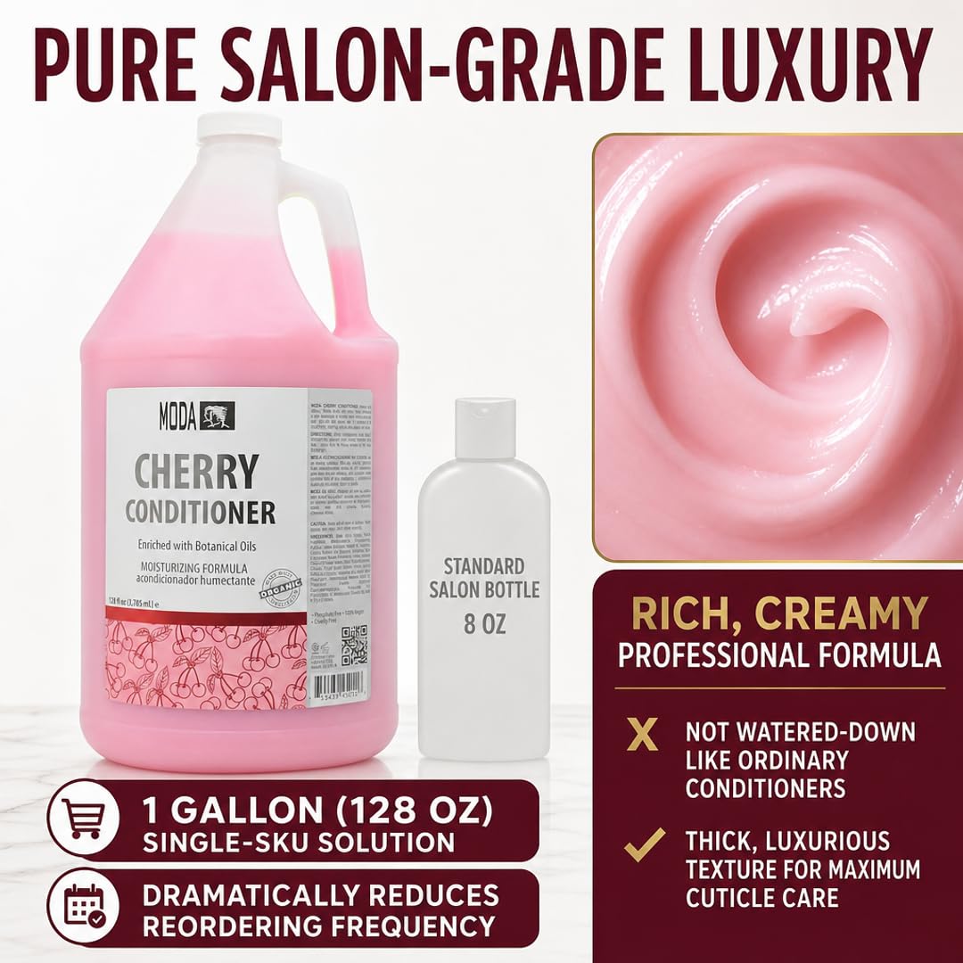 MODA Cherry Bulk Salon Conditioner Premium Back-Bar & Amenity Treatment Salon-Grade Luxury at Commercial Scale A 'set it and forget it' 1-Gallon single-SKU solution Repairs the cuticle 128 Oz
