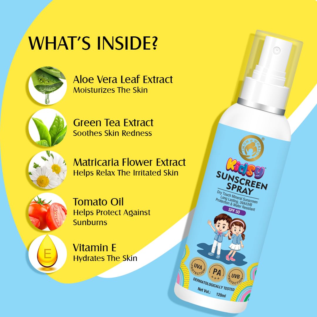 Mom & World Mineral Based Kids Sunscreen Spray SPF 50, Water Resistant, UVA/UVB PA+++, 120ml - Safe for Baby and Kids