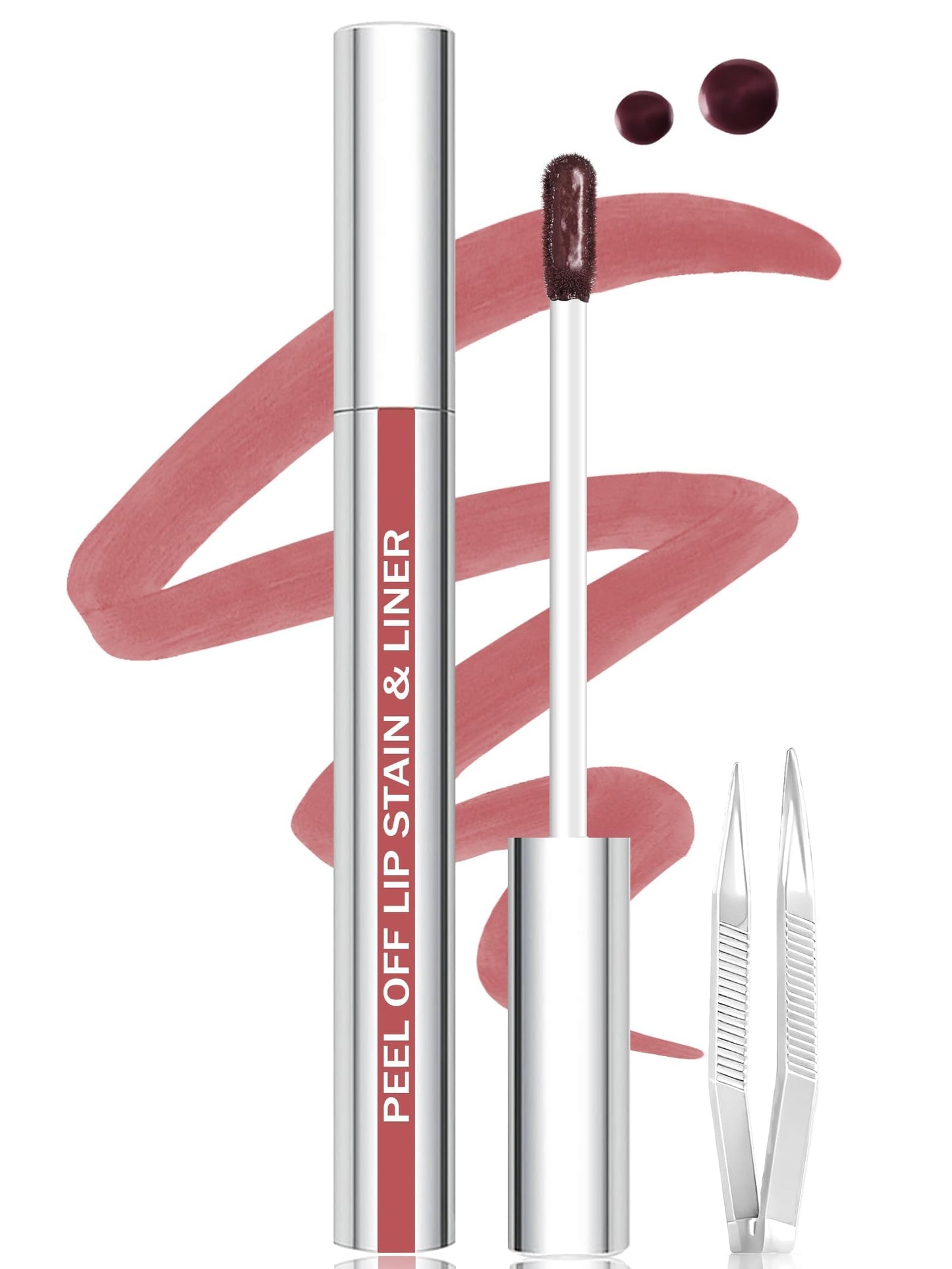 QCMME Lip Stain Peel Off Lip Liner Stain with Tweezer, Long Lasting Matte Lip Tint Tattoo, Highly Pigmented Color Lip Makeup, Waterproof Lipstick, Transfer-proof Lipstain for Women, Nude Pink