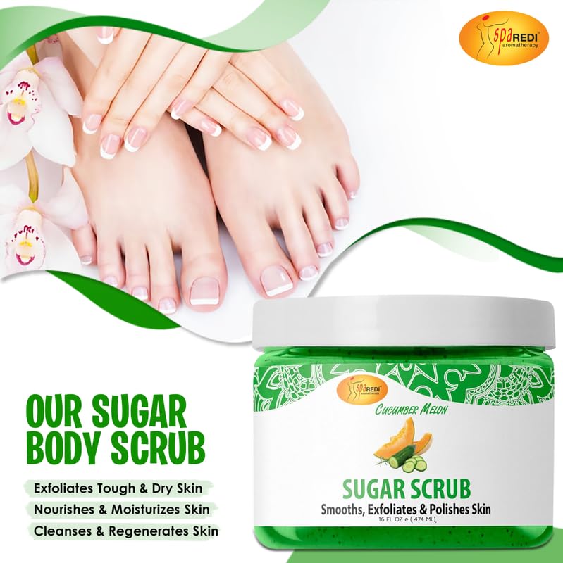 SPA REDI – Sugar Body Scrub, Cucumber Melon, 16 Oz, Exfoliating, Moisturizing, Hydrating and Nourishing, Glow, Polish, Smooth and Fresh Skin - Body Exfoliator