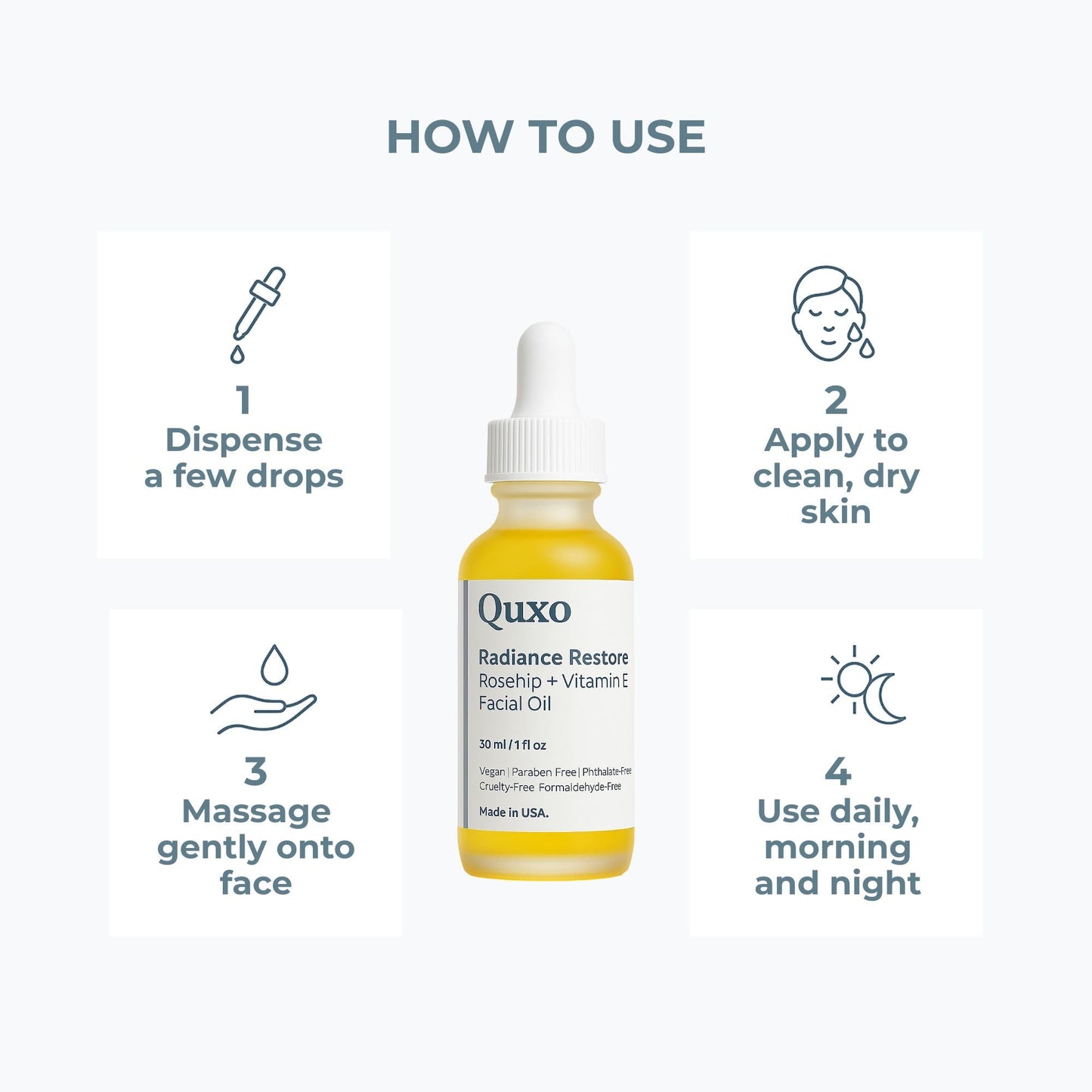 Quxo Radiance Restore Rosehip & Vitamin E Facial Oil for Face, Neck & Décolleté – Lightweight Nourishing Formula – Non-Greasy, Fast-Absorbing, Vegan, Fragrance-Free – 30ml