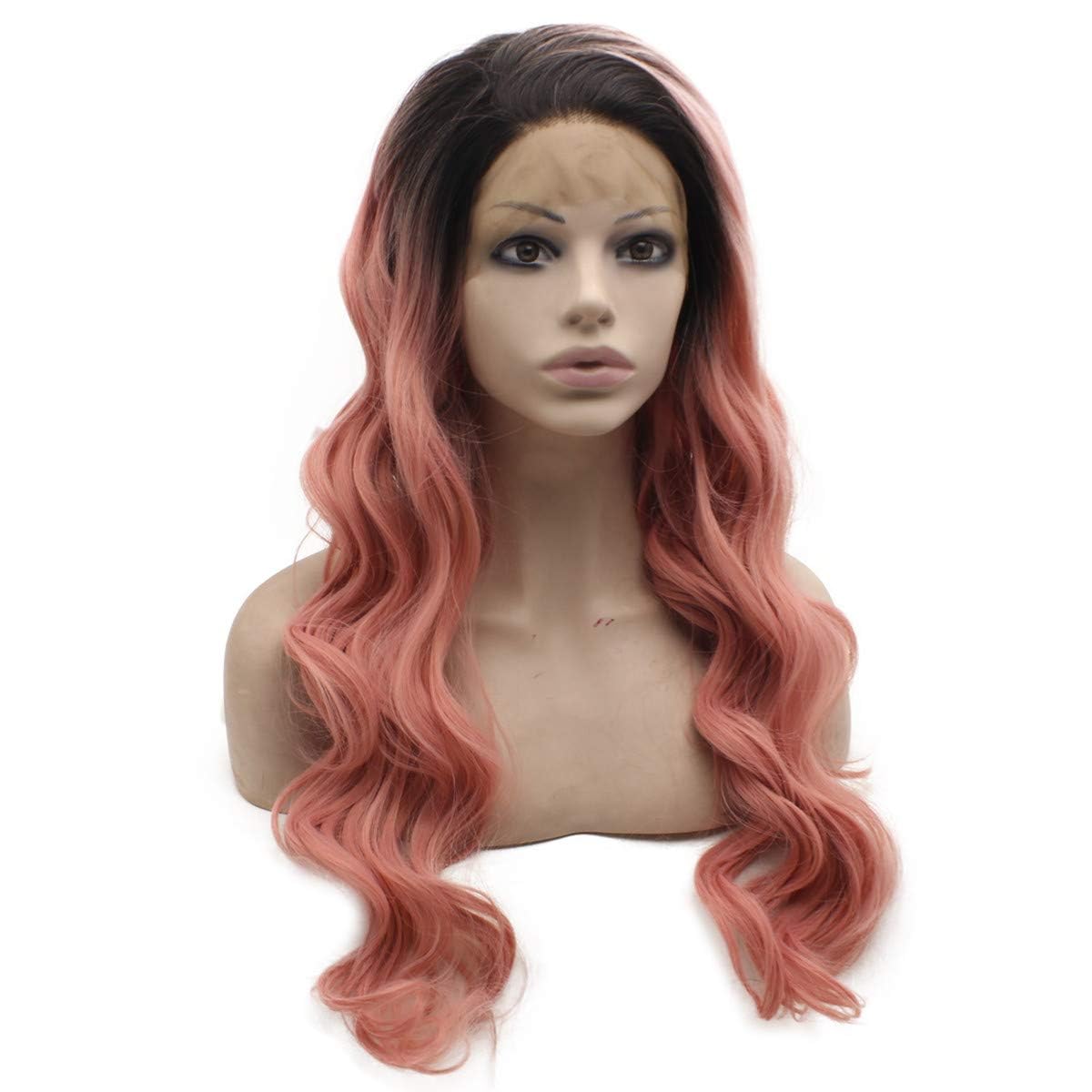 Long Wavy Pink Lace Front Wig - Dark Root Synthetic Hair | Half Hand Tied Design