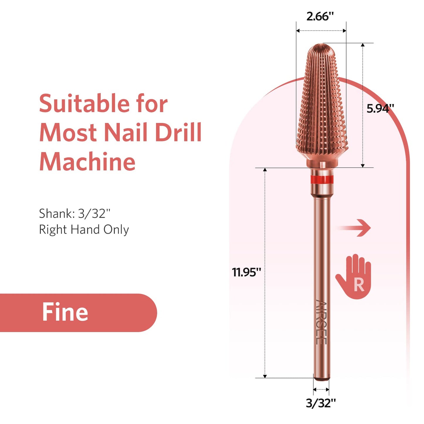 AIRSEE Tungsten Carbide Acrylic Nail Drill Bit Efile Electric File Machine Head Tips for Manicure Polishing Fast Remove Gel 3/32" Shank Right Hand Advanced Salon Tech Rose Gold Tornado Fine-F