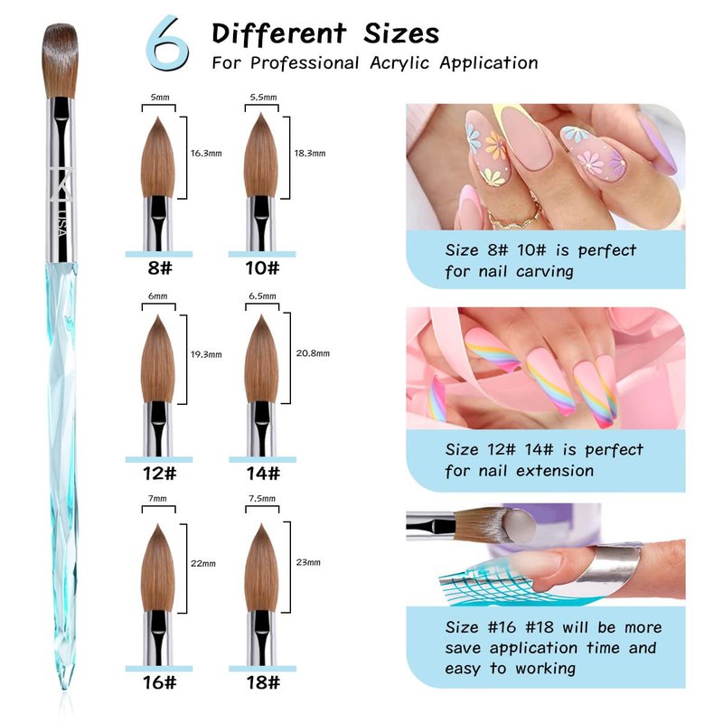 M ProK 100% Kolinsky Acrylic Nail Brush – Professional Nail Brush for Acrylic Application with Crystal Blue Handle – Handcrafted Salon Quality Tool (Size #10)