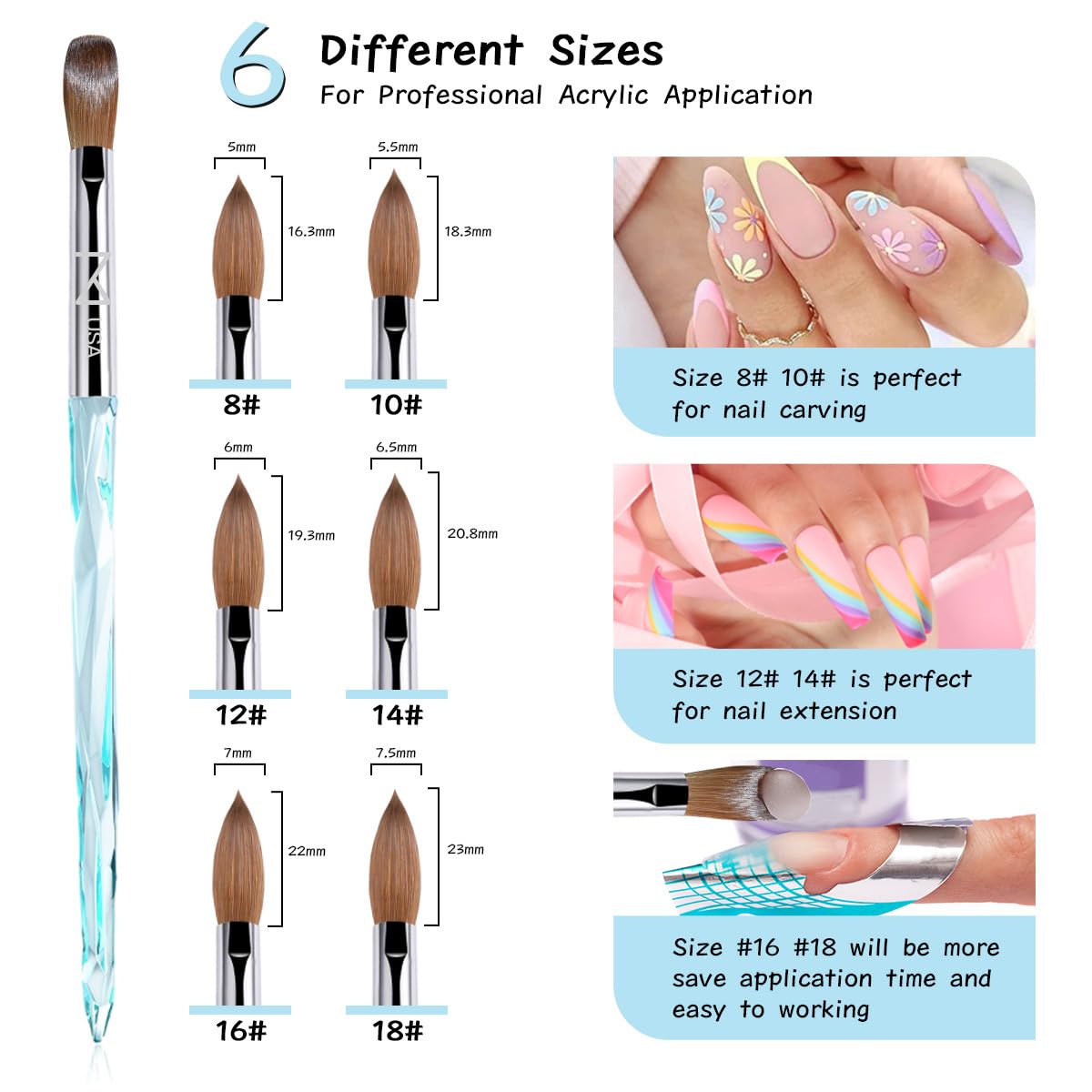 M ProK 100% Kolinsky Acrylic Nail Brush – Professional Nail Brush for Acrylic Application with Crystal Blue Handle – Handcrafted Salon Quality Tool (Size #14)