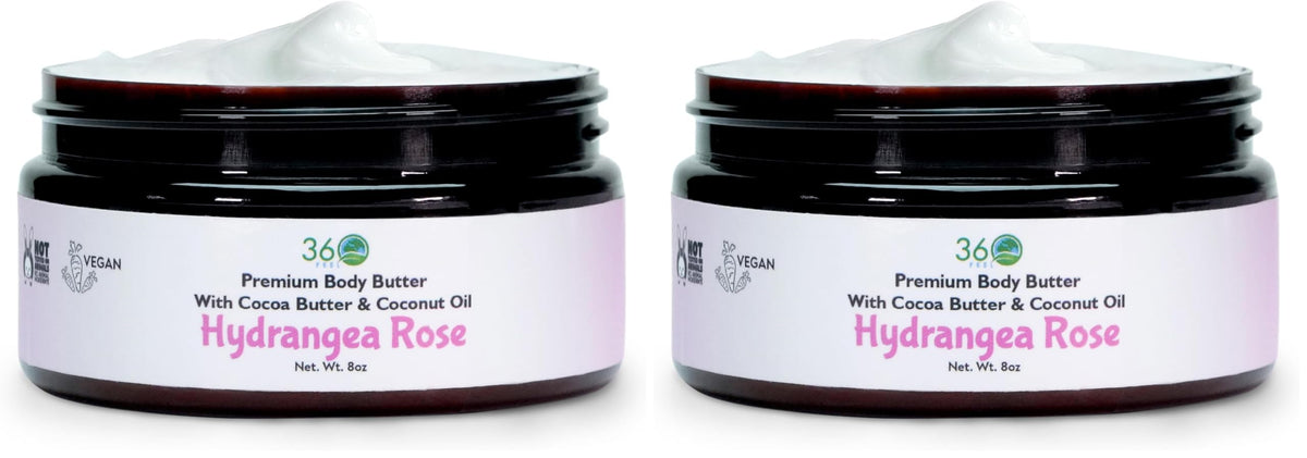 360Feel Hydrangea Rose Body Butter - Cocoa & Shea Butter - Coconut & Olive Oil - Plant-based Formula - Nourishing Moisturizer for Sensitive Skin - Non-greasy Daily Skincare (Pack of 2)