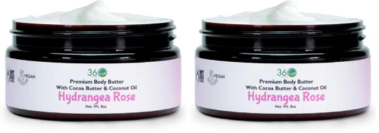 360Feel Hydrangea Rose Body Butter - Cocoa & Shea Butter - Coconut & Olive Oil - Plant-based Formula - Nourishing Moisturizer for Sensitive Skin - Non-greasy Daily Skincare (Pack of 2)