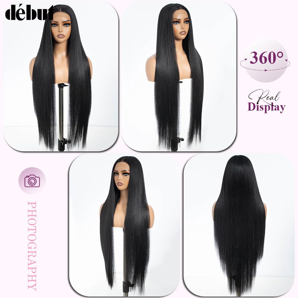 DÉBUT Light Yaki Straight Lace Front Wigs 36 Inches Super Long Wig 13x4x0.5 Middle Part Natural Hairline with Baby Hair Synthetic Wig for Women 1B Color
