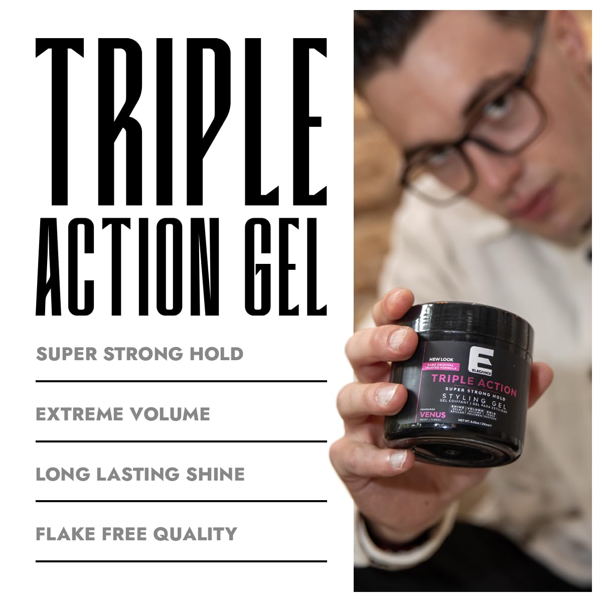 E Elegance Earth Fragrance Triple Action Hair Gel for Men And Women - Super Strong Hold, Extreme Volume, And Long Lasting Shine - Flake Free And Refreshing Fragrance - All Hair Types, 16.9 oz