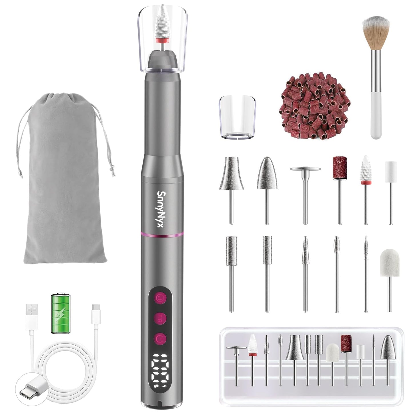 SnnyNyx Cordless Electric Nail Drill 35000 RPM, Professional Nail File Kit with LCD Display, 12 Bits & 36 Sanding Bands, for Acrylic Gel Nails, Pet Claws, Salon & Home Use (Matte Gray)