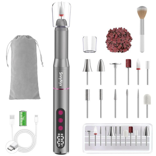SnnyNyx Cordless Electric Nail Drill 35000 RPM, Professional Nail File Kit with LCD Display, 12 Bits & 36 Sanding Bands, for Acrylic Gel Nails, Pet Claws, Salon & Home Use (Matte Gray)