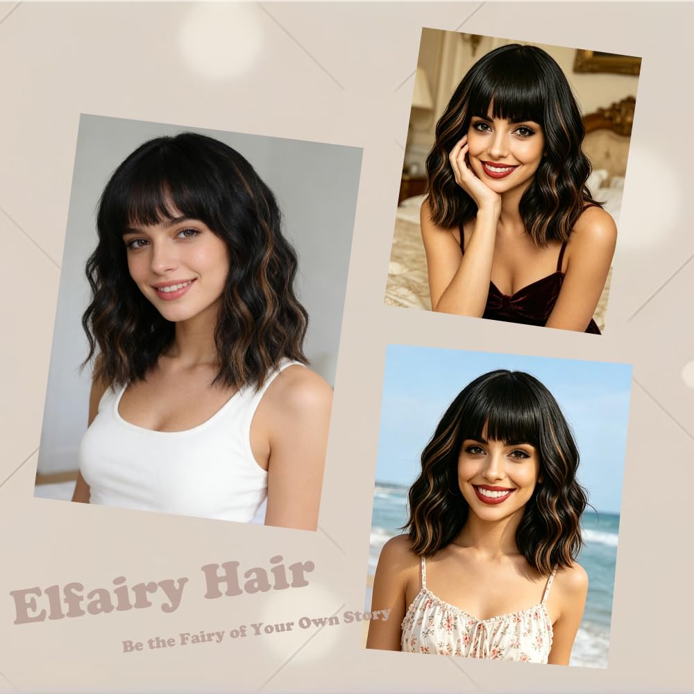 Black Highlights Brown Wig with Bangs,12 Inch Short Wavy Curly Bob Hair