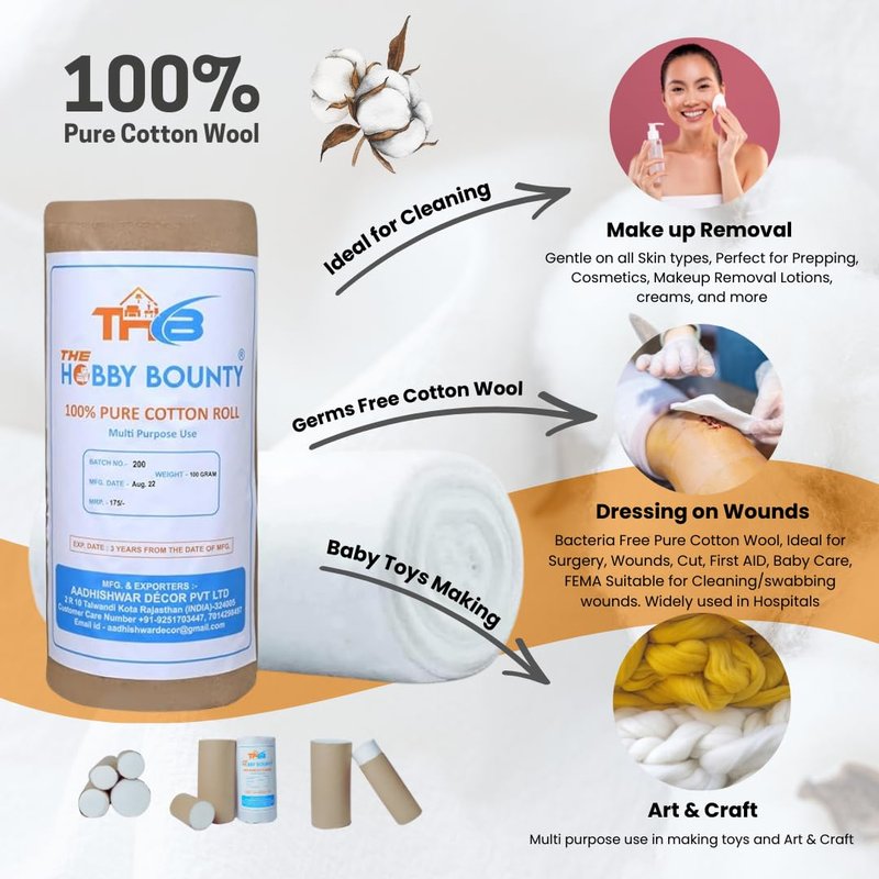 The Hobby Bounty Pure Cotton Roll Undercast Padding Roll Soft and Highly Absorbent, Makeup Remover in an Easy to Tear & Use Soft White Cotton Wool for Art Projects, Craft (500 Gram)