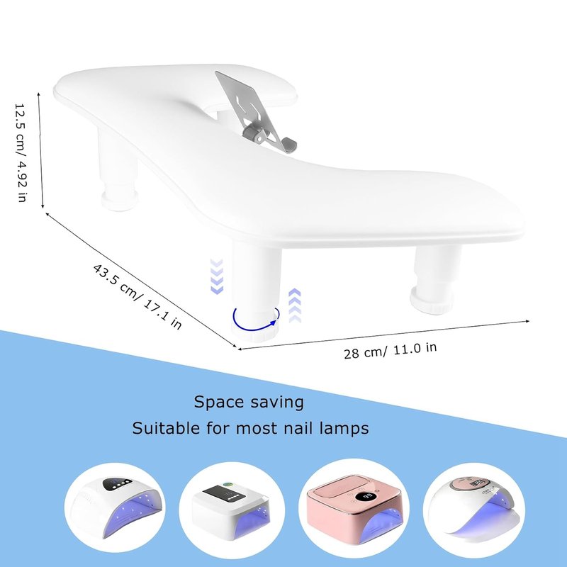 Manicure Arm Rest with Rotating Phone Holder - Adjustable U-Shaped PU Leather Nail Hand Rest (White)
