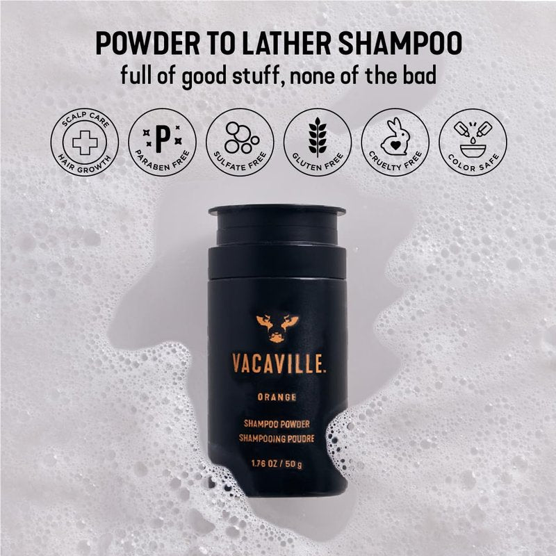 Vacaville Beauty Powder Shampoo for Hair Growth, Orange Scented | Waterless, Eco Friendly & Travel Shampoo | Natural Vegan Formula for Thinning Hair & Sensitive Scalp | Full Size
