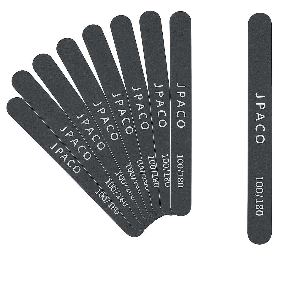 12-Pack Professional Nail Files: Double-Sided Emery Boards for Natural, Acrylic, Poly, and Gel Nails – Washable Black Manicure Tools Set by JPACO (100/180 Grit)