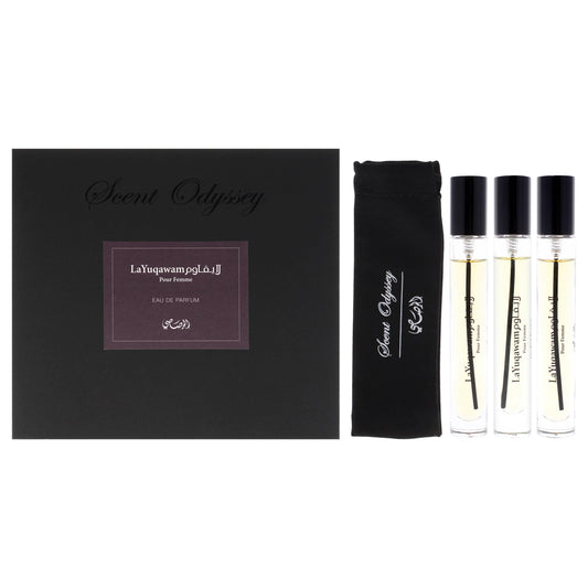 Rasasi Scent Odyssey La Yuqawam for Women | 3-Piece Mini Gift Set | Includes 0.25oz La Yuqawam Pour Femme EDP Spray, | 0.25oz Jasmine Wisp EDP Spray, | 0.25oz Orchid Prairie EDP Spray