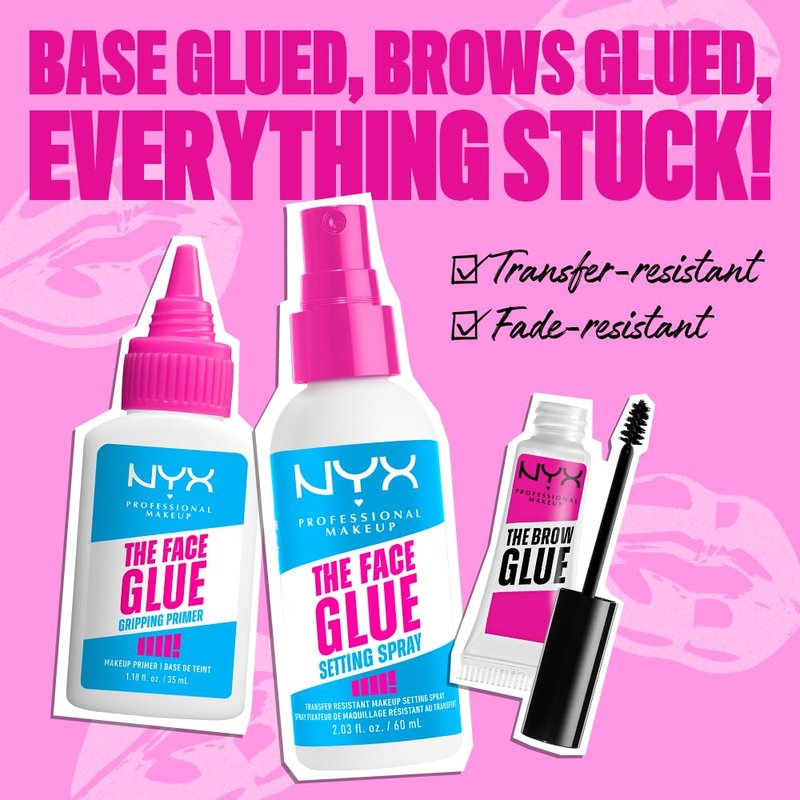 NYX PROFESSIONAL MAKEUP Bundle of The Brow Glue, Extreme Hold Clear Eyebrow Gel + The Face Glue Setting Spray + The Face Glue Gripping Primer