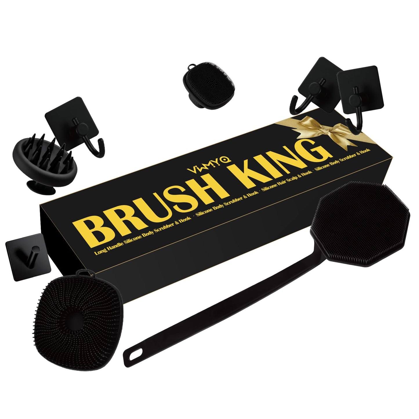 Silicone Body Scrubber Set ，Includes Back & Body Scrubbers, Face Brush, Scalp Massager, 4 Storage Hooks, Shower & Bathroom Hygiene Accessories for Gift(Black) (D)