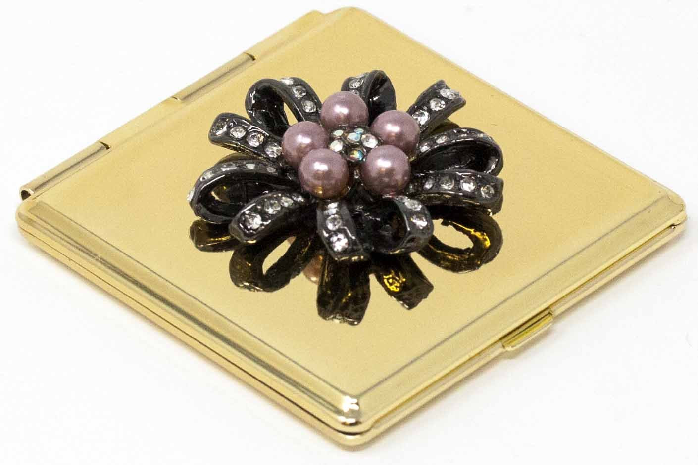 Folding Compact Pocket Makeup Mirror With Swarovski Rhinestone Crystals Double Sided (5x magnification + 1x magnification) (Golden Flower (Square))