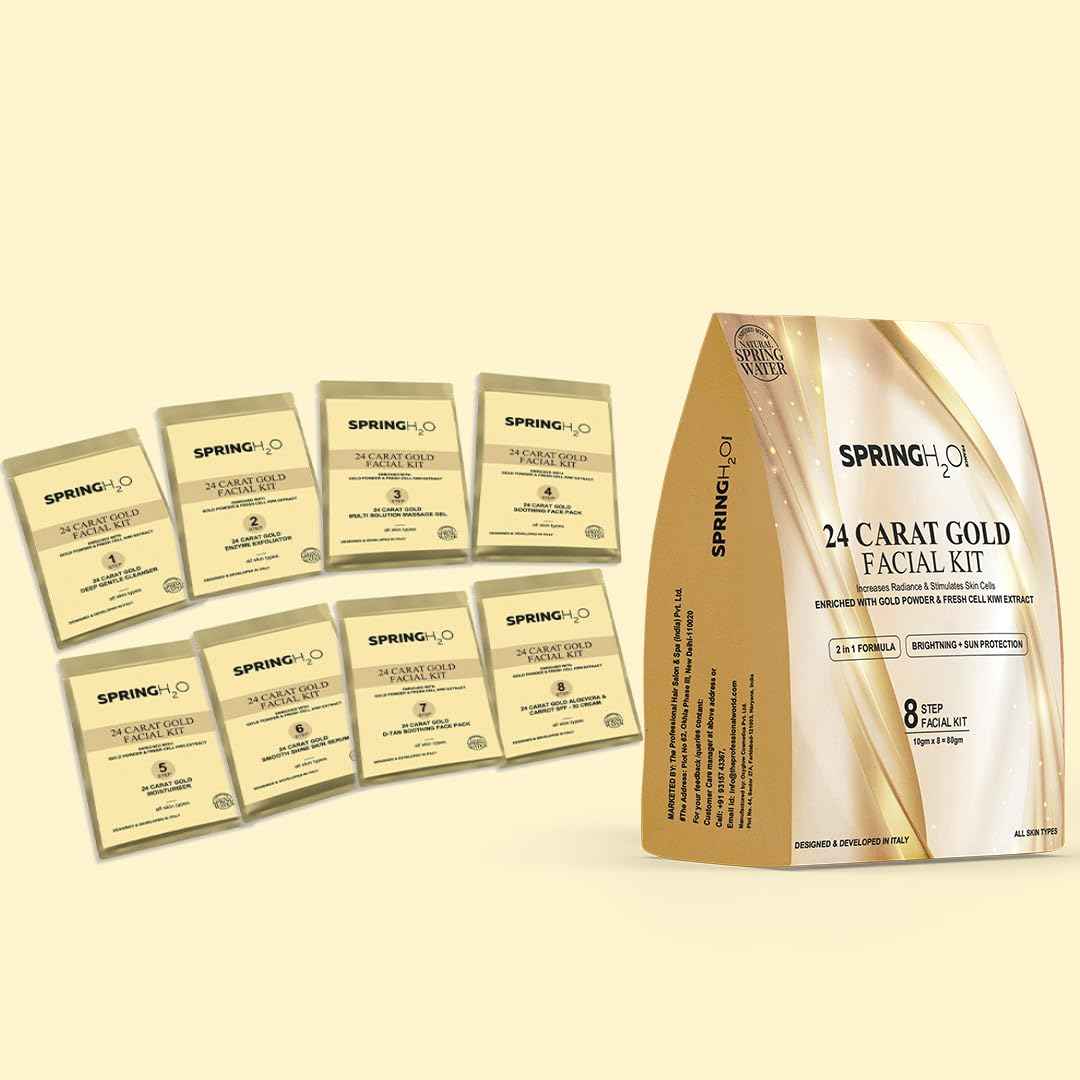 SPRING H2O 24 Carat Gold Facial Kit 80gm| 2 in 1 Formula Brightning+Sun Protection| Enriched with Fresh Cell KIWI Extract and Gold Powder|Simple 8 Step