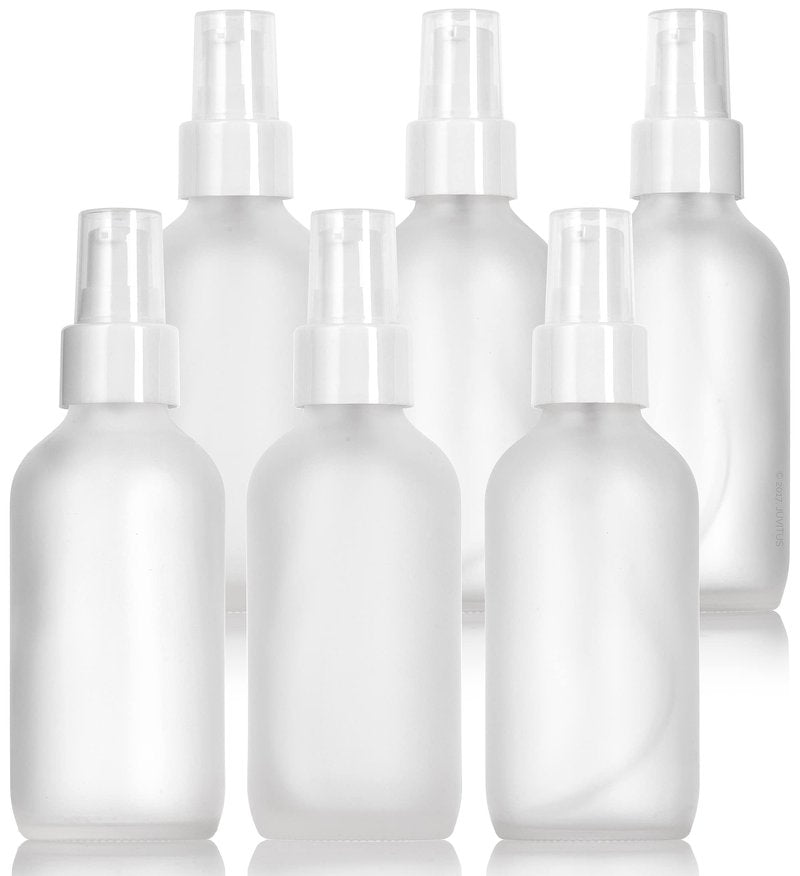 JUVITUS 4 oz / 120 ml Frosted Clear Glass Boston Round Bottle with White Treatment Pump BPA Free Refillable Empty Storage Containers (12 Pack) + Travel Foamer