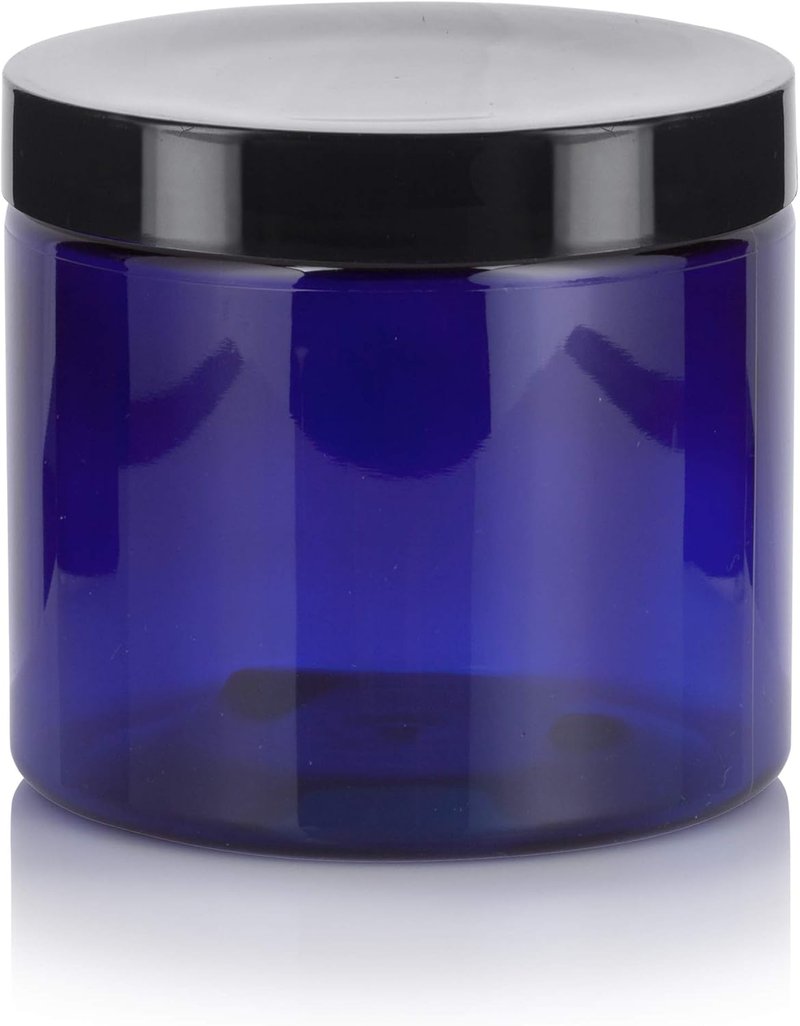 JUVITUS 16 oz Cobalt Blue Refillable PET Plastic Jars - Black Lid | 6 Pack