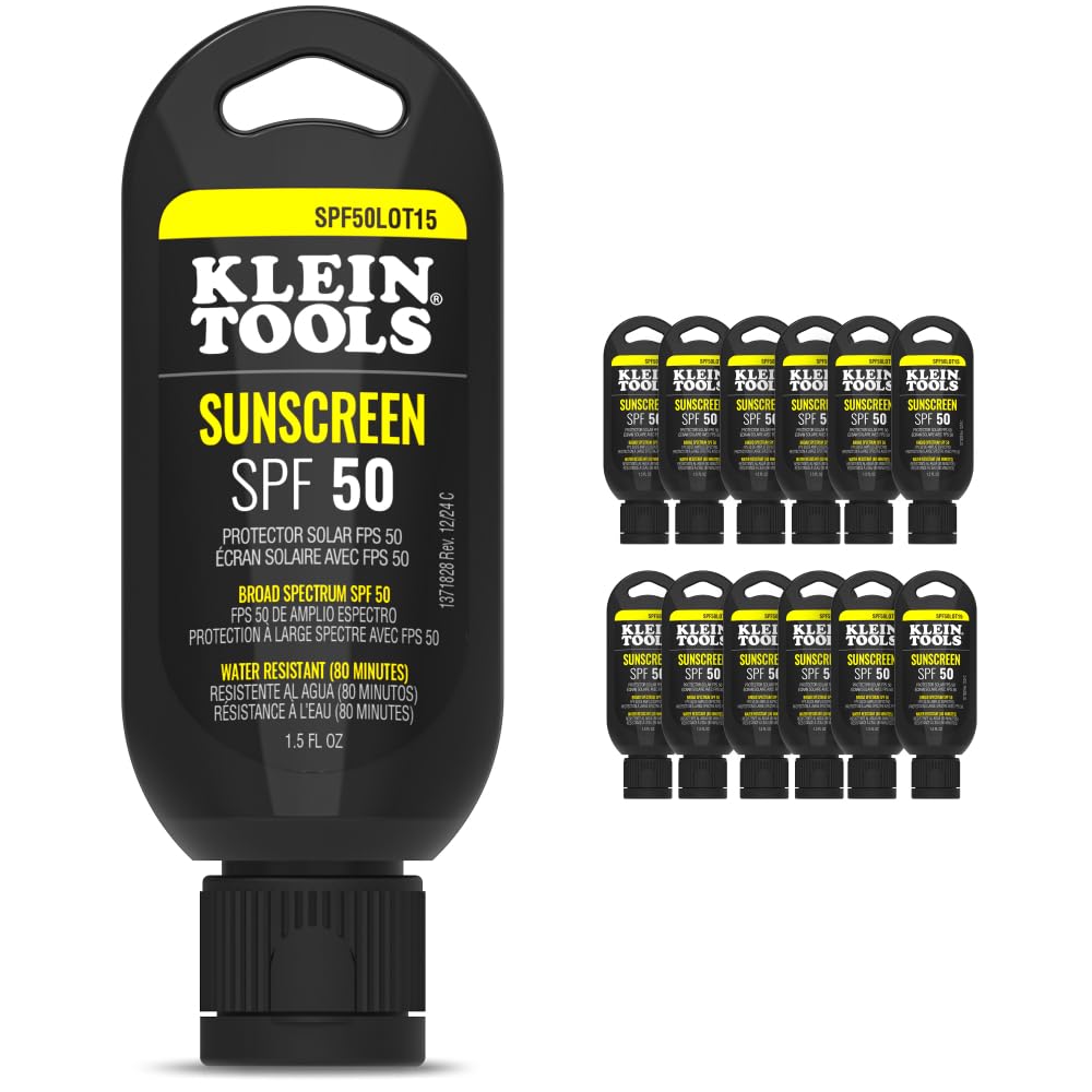 Klein Tools SPF50LOT15 Sunscreen Lotion, SPF 50, 120-Minute Water-Resistant, Broad Spectrum UVA/UVB Sun Protection, Non-Greasy, 1.5-Ounce Tube, 12-Pack
