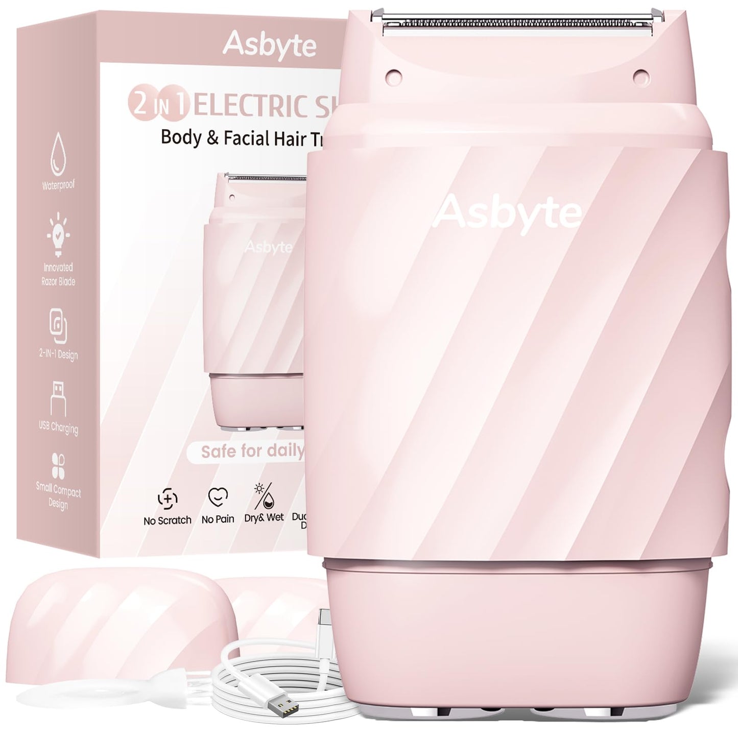 Asbyte 4-in-1 Electric Razor for Women, Bikini Trimmer & Facial Hair Remover, Rechargeable Cordless Dual-Head Shaver, IPX7 Waterproof, Painless & Hypoallergenic for Sensitive Areas, Pink